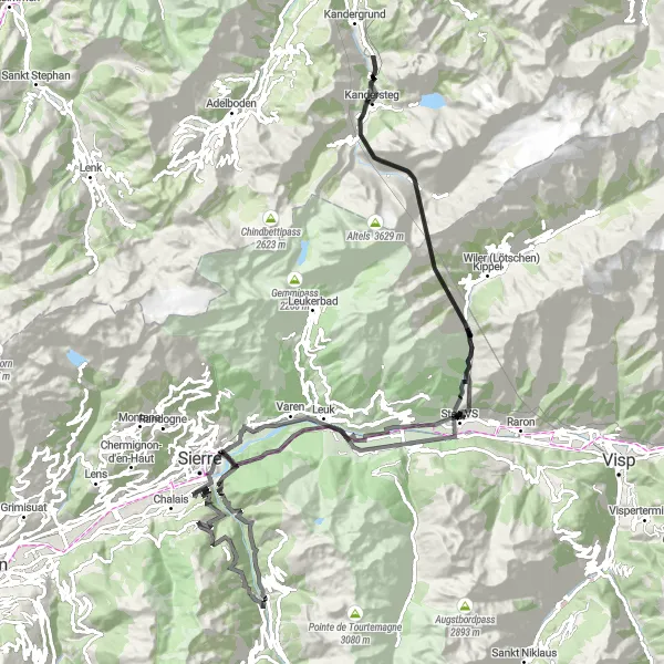 Kartminiatyr av "Äventyrlig rundtur i Valais" cykelinspiration i Région lémanique, Switzerland. Genererad av Tarmacs.app cykelruttplanerare
