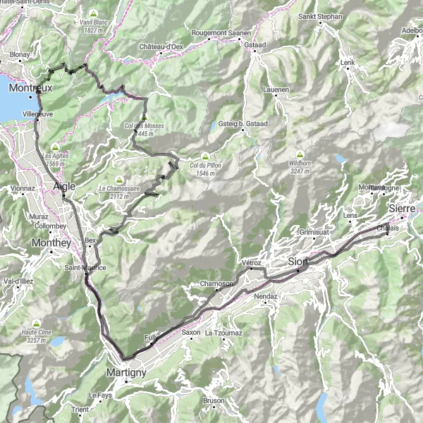 Map miniature of "Chalais Alpine Road Adventure" cycling inspiration in Région lémanique, Switzerland. Generated by Tarmacs.app cycling route planner
