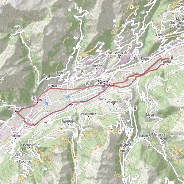 Kartminiatyr av "Grusvägar genom vinodlingar och byar" cykelinspiration i Région lémanique, Switzerland. Genererad av Tarmacs.app cykelruttplanerare