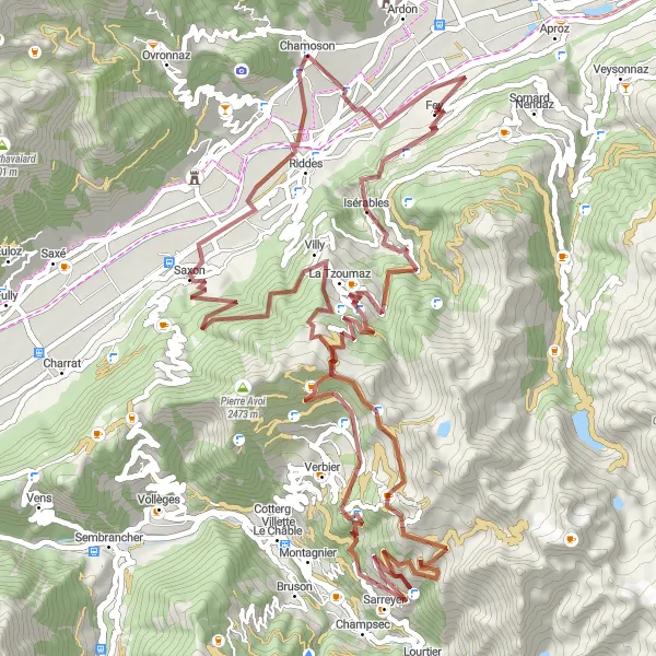 Miniatuurkaart van de fietsinspiratie "Gravelpad naar La Tzoumaz en Saxon" in Région lémanique, Switzerland. Gemaakt door de Tarmacs.app fietsrouteplanner