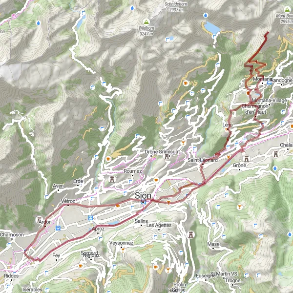 Miniatura della mappa di ispirazione al ciclismo "Esplorazione naturale da Saint-Pierre-de-Clages ad Aproz" nella regione di Région lémanique, Switzerland. Generata da Tarmacs.app, pianificatore di rotte ciclistiche