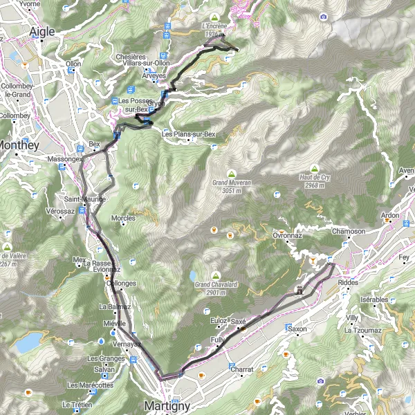 Miniatua del mapa de inspiración ciclista "Ruta de Carretera de Chamoson a Branson" en Région lémanique, Switzerland. Generado por Tarmacs.app planificador de rutas ciclistas