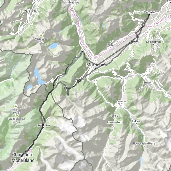 Map miniature of "Challenging Adventure from Chamoson to Saxon" cycling inspiration in Région lémanique, Switzerland. Generated by Tarmacs.app cycling route planner