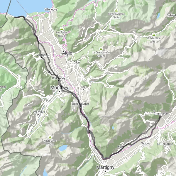 Karttaminiaatyyri "Chamoson - Massongex - Le Bouveret - Chamoson" pyöräilyinspiraatiosta alueella Région lémanique, Switzerland. Luotu Tarmacs.app pyöräilyreittisuunnittelijalla