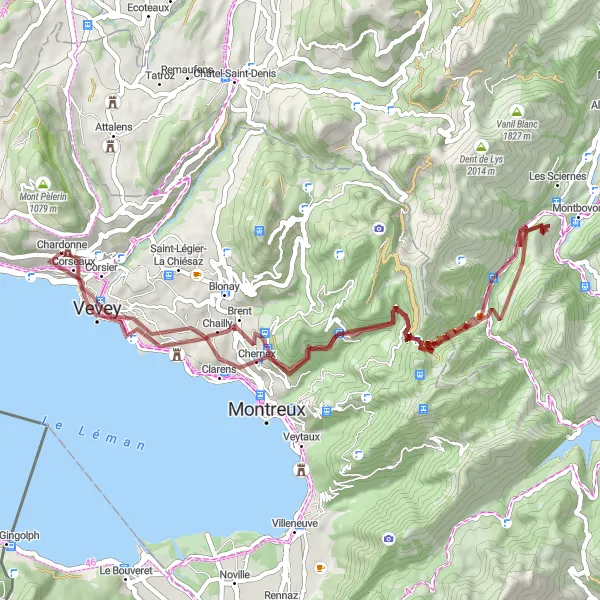 Miniaturní mapa "Gravelová trasa Corseaux - Vevey" inspirace pro cyklisty v oblasti Région lémanique, Switzerland. Vytvořeno pomocí plánovače tras Tarmacs.app