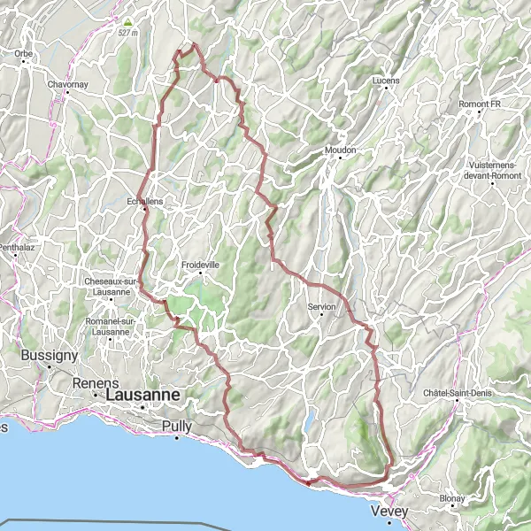 Map miniature of "The Lush Valleys and Rugged Terrain" cycling inspiration in Région lémanique, Switzerland. Generated by Tarmacs.app cycling route planner