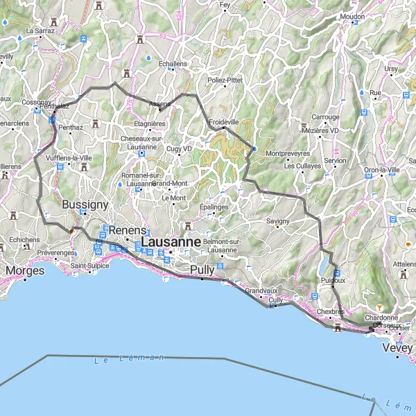 Karttaminiaatyyri "Järvenrantareitti Pullyyn" pyöräilyinspiraatiosta alueella Région lémanique, Switzerland. Luotu Tarmacs.app pyöräilyreittisuunnittelijalla