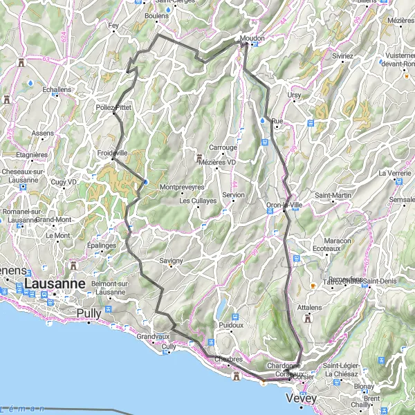 Map miniature of "Corseaux - Tour de Gourze - Poliez-Pittet - Rue - Corsier" cycling inspiration in Région lémanique, Switzerland. Generated by Tarmacs.app cycling route planner