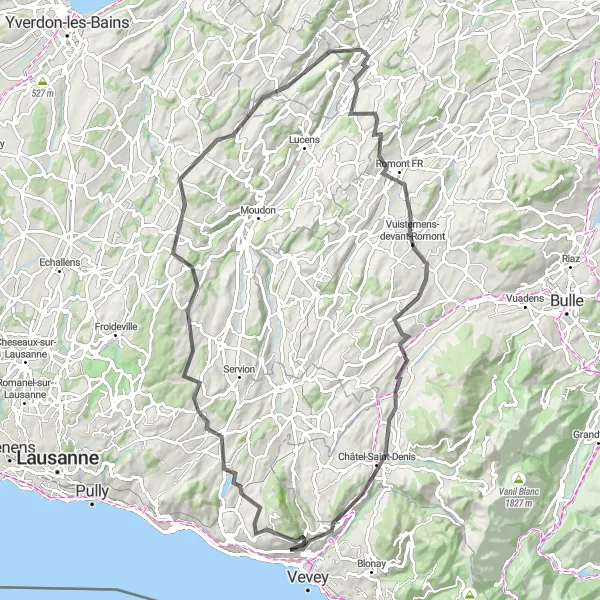 Map miniature of "Chardonne - Puidoux - Corcelles-le-Jorat - Prévondavaux - Mézières - Châtel-Saint-Denis - Mont Vuarat Loop" cycling inspiration in Région lémanique, Switzerland. Generated by Tarmacs.app cycling route planner