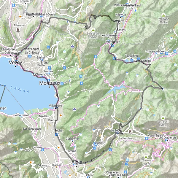 Miniaturní mapa "Cyklistická trasa Châtel-Saint-Denis - Vevey" inspirace pro cyklisty v oblasti Région lémanique, Switzerland. Vytvořeno pomocí plánovače tras Tarmacs.app