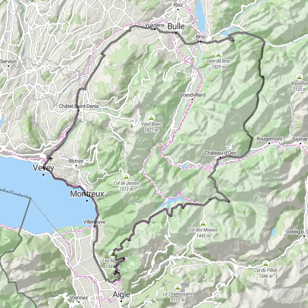 Miniatura della mappa di ispirazione al ciclismo "Giro in bici Chardonne - Montreux - Vevey" nella regione di Région lémanique, Switzerland. Generata da Tarmacs.app, pianificatore di rotte ciclistiche