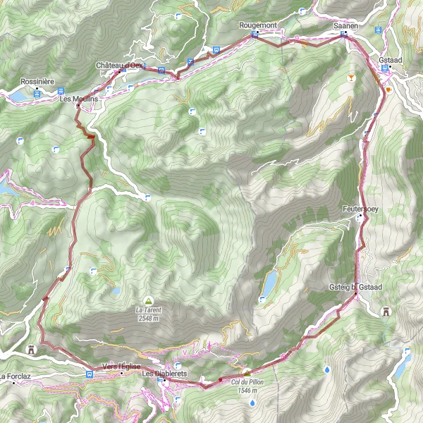 Kartminiatyr av "Gstaad og Les Mosses Eventyr" sykkelinspirasjon i Région lémanique, Switzerland. Generert av Tarmacs.app sykkelrutoplanlegger