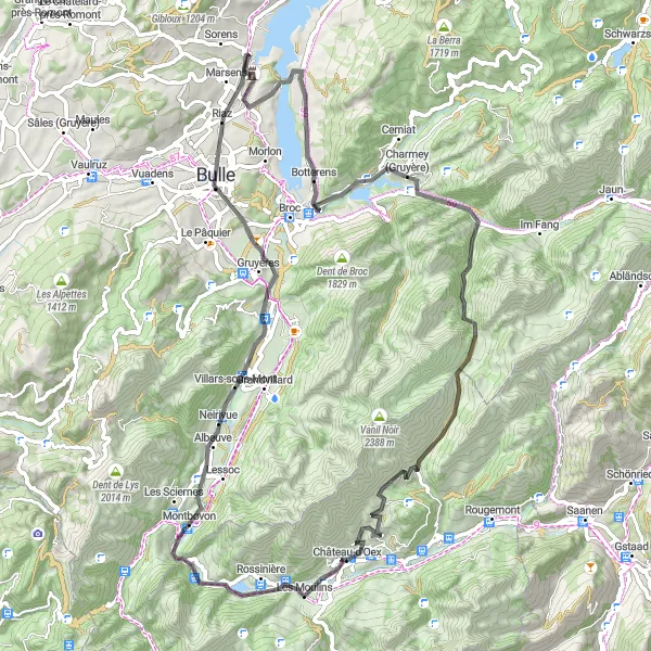 Karttaminiaatyyri "Rossinière - Château-d'Oex kiertolenkki (tienpyörät)" pyöräilyinspiraatiosta alueella Région lémanique, Switzerland. Luotu Tarmacs.app pyöräilyreittisuunnittelijalla