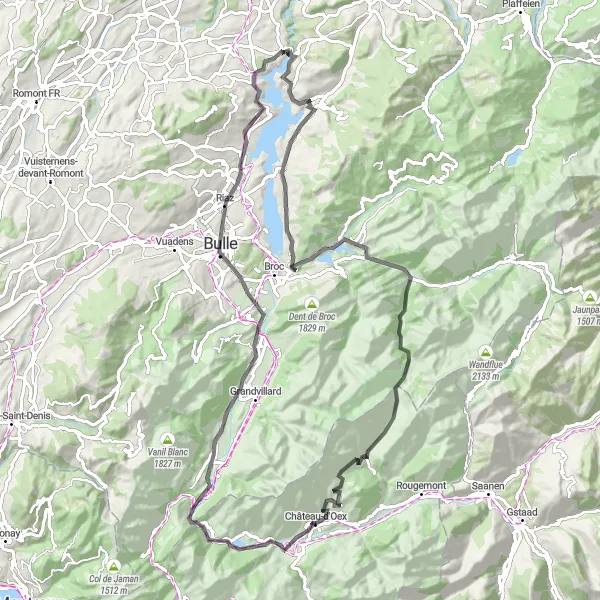 Map miniature of "Gruyères and Lakes" cycling inspiration in Région lémanique, Switzerland. Generated by Tarmacs.app cycling route planner