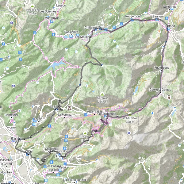 Kartminiatyr av "Oppdag Gstaad og Villars-sur-Ollon" sykkelinspirasjon i Région lémanique, Switzerland. Generert av Tarmacs.app sykkelrutoplanlegger