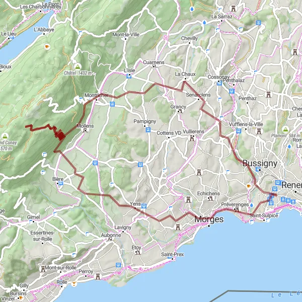 Miniatua del mapa de inspiración ciclista "Ruta de grava a Chavannes" en Région lémanique, Switzerland. Generado por Tarmacs.app planificador de rutas ciclistas