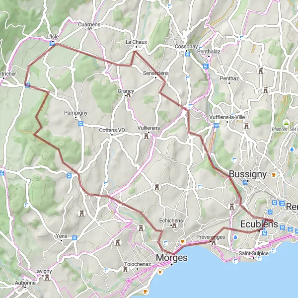 Miniaturní mapa "Gravel okruh přes Ecublens, Senarclens a Echandens" inspirace pro cyklisty v oblasti Région lémanique, Switzerland. Vytvořeno pomocí plánovače tras Tarmacs.app