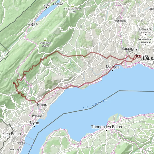 Mapa miniatúra "Gravelová trasa cez Rolle a Apples" cyklistická inšpirácia v Région lémanique, Switzerland. Vygenerované cyklistickým plánovačom trás Tarmacs.app