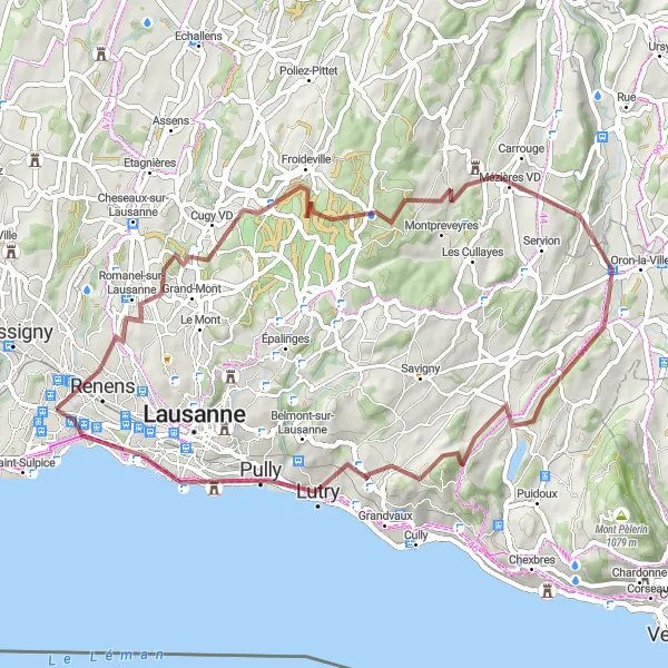 Miniatura della mappa di ispirazione al ciclismo "Esplorazione in bicicletta gravel da Jouxtens-Mézery a Pully" nella regione di Région lémanique, Switzerland. Generata da Tarmacs.app, pianificatore di rotte ciclistiche