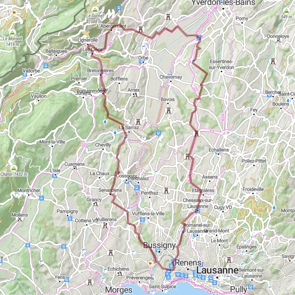 Miniaturní mapa "Gravelová cyklistická trasa okolo Chavannes" inspirace pro cyklisty v oblasti Région lémanique, Switzerland. Vytvořeno pomocí plánovače tras Tarmacs.app