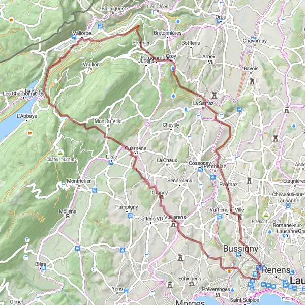 Miniatuurkaart van de fietsinspiratie "Gravel fietsroute rond Chavannes en omgeving" in Région lémanique, Switzerland. Gemaakt door de Tarmacs.app fietsrouteplanner