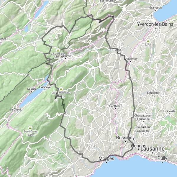 Miniatua del mapa de inspiración ciclista "Desafío ciclista alrededor de Chavannes" en Région lémanique, Switzerland. Generado por Tarmacs.app planificador de rutas ciclistas