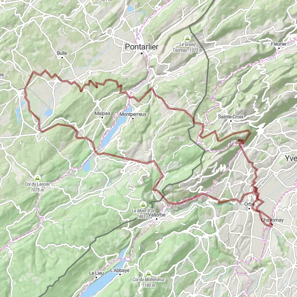 Karttaminiaatyyri "Mäkistä maastopyöräilyä Les Cléesin kautta Métabiefiin" pyöräilyinspiraatiosta alueella Région lémanique, Switzerland. Luotu Tarmacs.app pyöräilyreittisuunnittelijalla