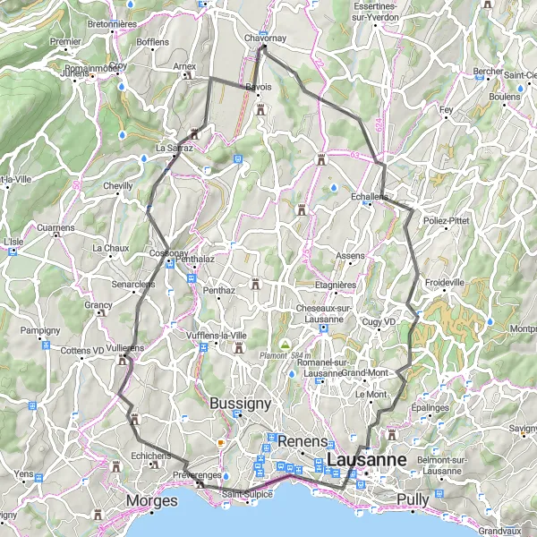 Map miniature of "Chavornay Loop" cycling inspiration in Région lémanique, Switzerland. Generated by Tarmacs.app cycling route planner