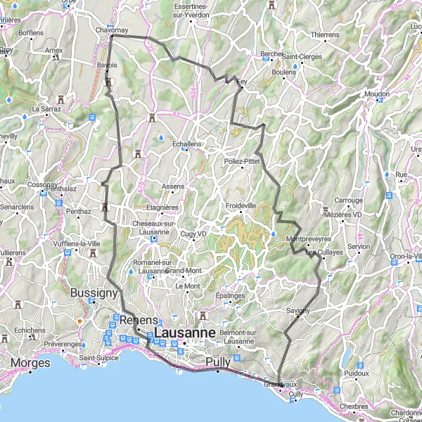 Karttaminiaatyyri "Montreux-Chavornay Road Cycling Route" pyöräilyinspiraatiosta alueella Région lémanique, Switzerland. Luotu Tarmacs.app pyöräilyreittisuunnittelijalla