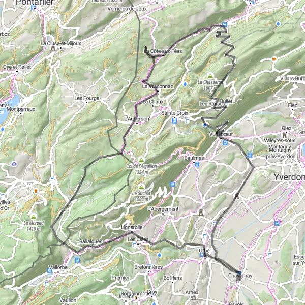 Miniatua del mapa de inspiración ciclista "Ruta Escénica a La Côte-aux-Fées" en Région lémanique, Switzerland. Generado por Tarmacs.app planificador de rutas ciclistas