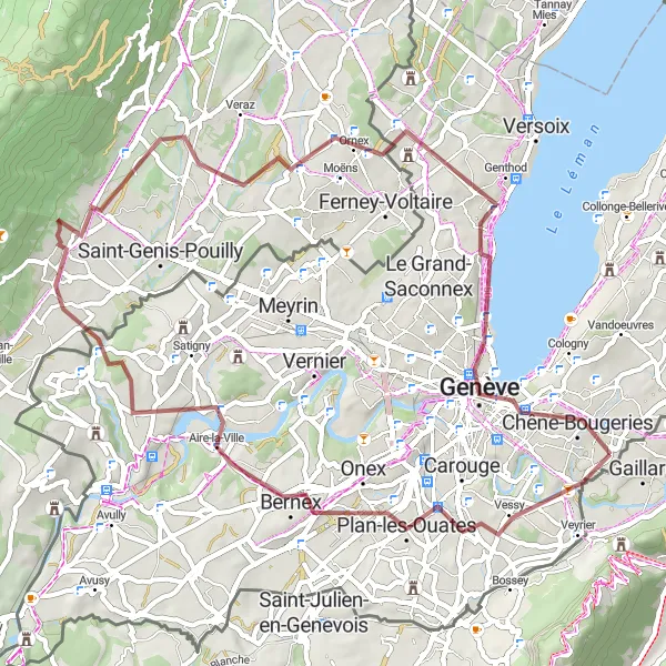 Miniatura della mappa di ispirazione al ciclismo "Percorso in gravel da Thônex a Chêne-Bougeries" nella regione di Région lémanique, Switzerland. Generata da Tarmacs.app, pianificatore di rotte ciclistiche