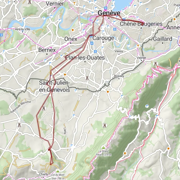 Kartminiatyr av "Grustur rundt Genevasjøen" sykkelinspirasjon i Région lémanique, Switzerland. Generert av Tarmacs.app sykkelrutoplanlegger