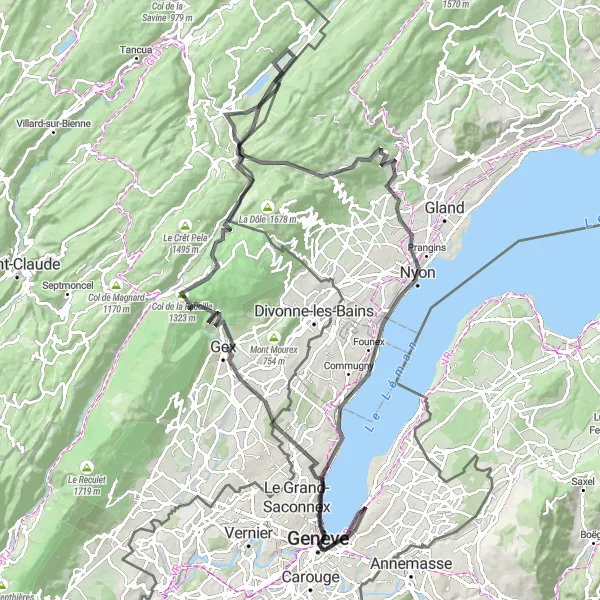 Miniature de la carte de l'inspiration cycliste "Excursion Road de Chêne-Bougeries à Genève" dans la Région lémanique, Switzerland. Générée par le planificateur d'itinéraire cycliste Tarmacs.app