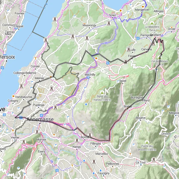 Map miniature of "Exploring the French Borders" cycling inspiration in Région lémanique, Switzerland. Generated by Tarmacs.app cycling route planner