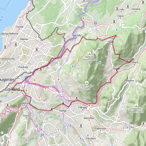 Miniatura della mappa di ispirazione al ciclismo "Esplorando Ambilly e il Col de Saxel in bicicletta" nella regione di Région lémanique, Switzerland. Generata da Tarmacs.app, pianificatore di rotte ciclistiche