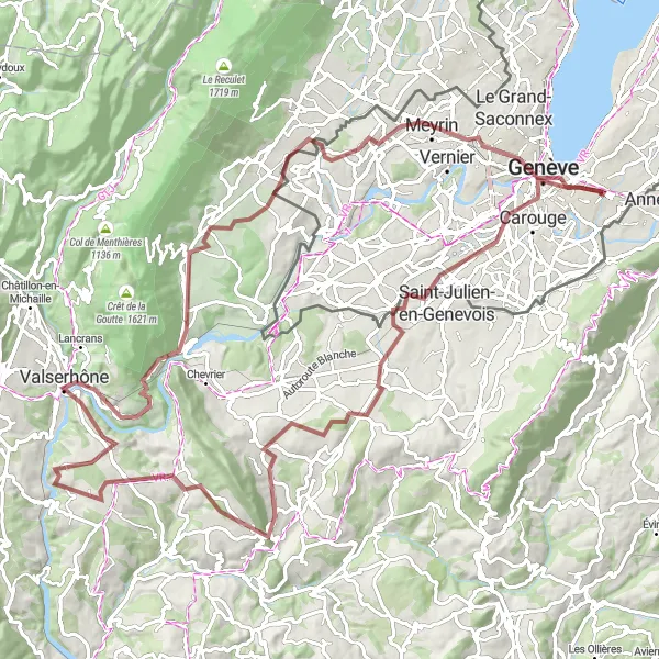 Zemljevid v pomanjšavi "Pustolovščina po makadamskih poteh" kolesarske inspiracije v Région lémanique, Switzerland. Generirano z načrtovalcem kolesarskih poti Tarmacs.app