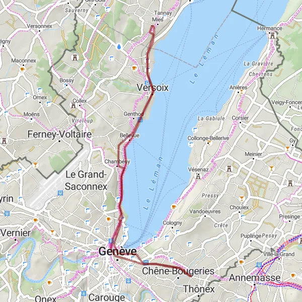 Miniatura della mappa di ispirazione al ciclismo "Breve escursione ciclistica intorno a Ginevra" nella regione di Région lémanique, Switzerland. Generata da Tarmacs.app, pianificatore di rotte ciclistiche