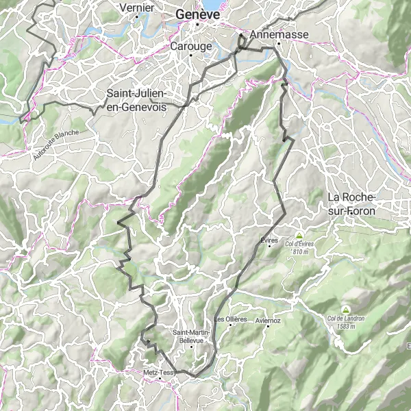 Miniatuurkaart van de fietsinspiratie "Chêne-Bourg naar Étrembières en terug" in Région lémanique, Switzerland. Gemaakt door de Tarmacs.app fietsrouteplanner