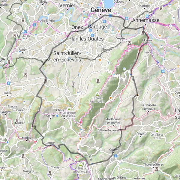 Miniatua del mapa de inspiración ciclista "Ruta de ciclismo de carretera a través de Thônex y Arbusigny" en Région lémanique, Switzerland. Generado por Tarmacs.app planificador de rutas ciclistas