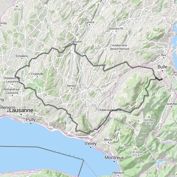 Kartminiatyr av "Eventyrlig sykkeltur gjennom Ursy og Châtel-Saint-Denis" sykkelinspirasjon i Région lémanique, Switzerland. Generert av Tarmacs.app sykkelrutoplanlegger