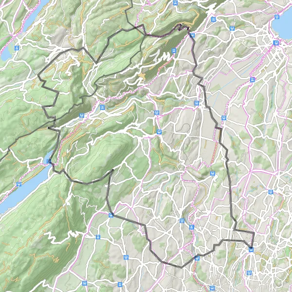 Kartminiatyr av "Utfordrende landeveirute fra Cheseaux" sykkelinspirasjon i Région lémanique, Switzerland. Generert av Tarmacs.app sykkelrutoplanlegger
