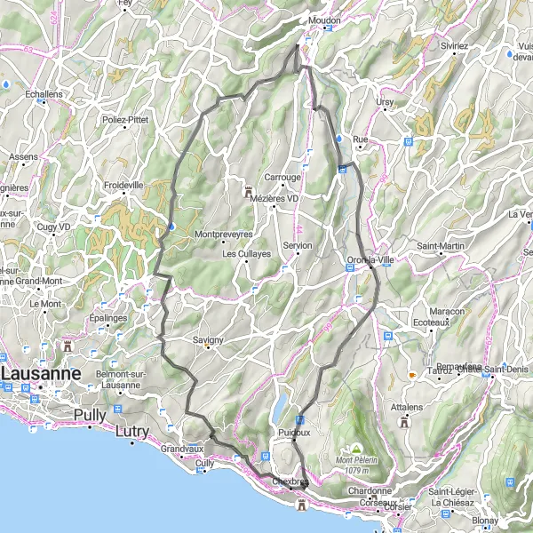 Miniatura della mappa di ispirazione al ciclismo "Giro panoramico verso Epesses e Peney-le-Jorat" nella regione di Région lémanique, Switzerland. Generata da Tarmacs.app, pianificatore di rotte ciclistiche