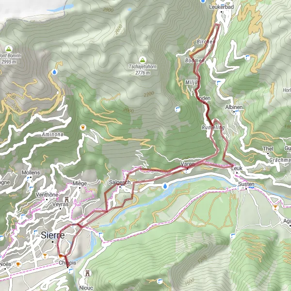 Miniature de la carte de l'inspiration cycliste "Le tour des châteaux dans la région de Chippis" dans la Région lémanique, Switzerland. Générée par le planificateur d'itinéraire cycliste Tarmacs.app