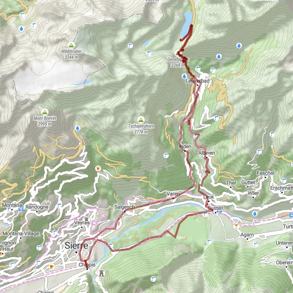 Miniaturní mapa "Gravelová výzva okolo Chippis" inspirace pro cyklisty v oblasti Région lémanique, Switzerland. Vytvořeno pomocí plánovače tras Tarmacs.app