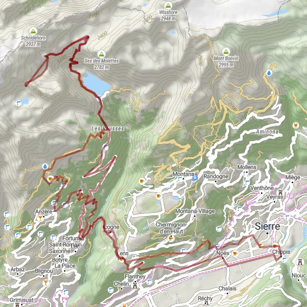 Kartminiatyr av "Spennende eventyr til Noës via Icogne og Col des Eaux Froides" sykkelinspirasjon i Région lémanique, Switzerland. Generert av Tarmacs.app sykkelrutoplanlegger