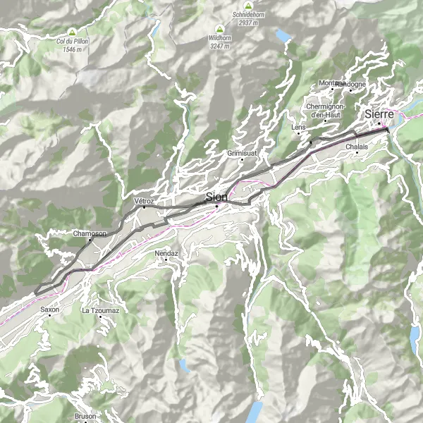 Kartminiatyr av "Sion til Chippis via Bramois og Saillon" sykkelinspirasjon i Région lémanique, Switzerland. Generert av Tarmacs.app sykkelrutoplanlegger