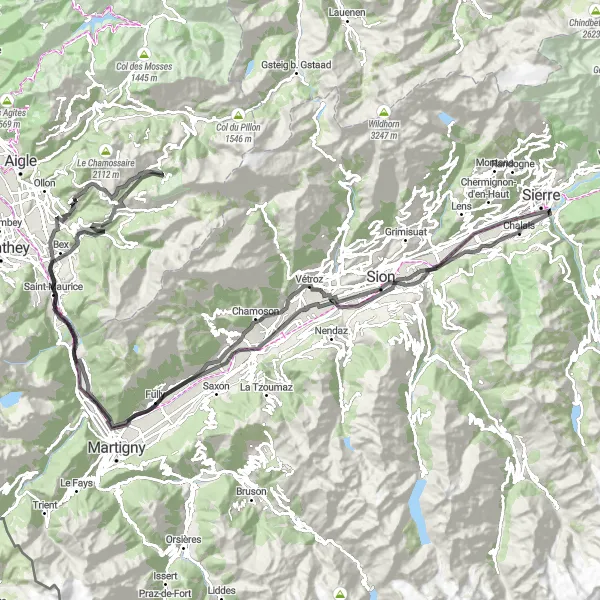 Miniatua del mapa de inspiración ciclista "Ruta escénica de ciclismo de carretera desde Chippis" en Région lémanique, Switzerland. Generado por Tarmacs.app planificador de rutas ciclistas