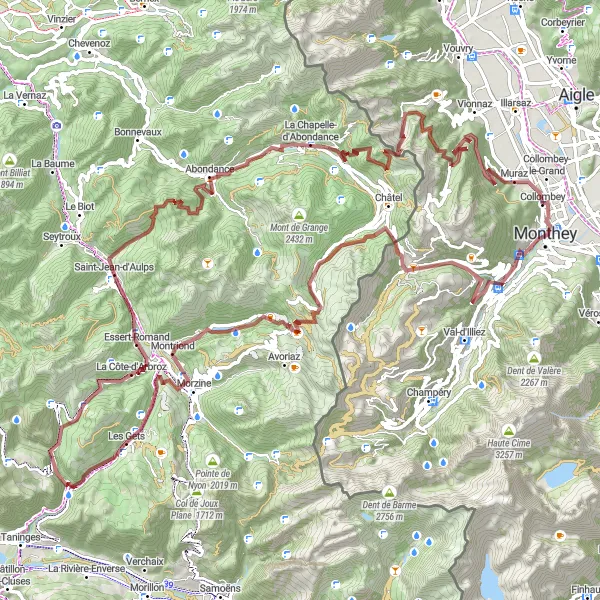 Mapa miniatúra "Gravel Tour Les Lindarets - Collombey" cyklistická inšpirácia v Région lémanique, Switzerland. Vygenerované cyklistickým plánovačom trás Tarmacs.app