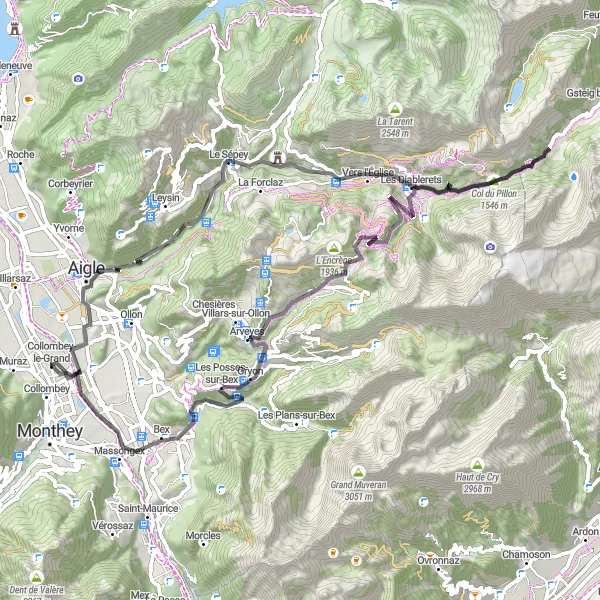 Karten-Miniaturansicht der Radinspiration "Die Alpenstraße von Collombey nach Château Feuillet" in Région lémanique, Switzerland. Erstellt vom Tarmacs.app-Routenplaner für Radtouren