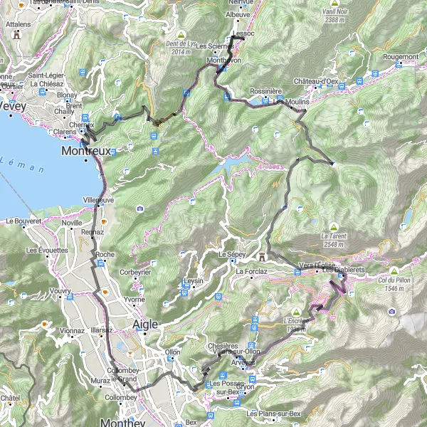 Miniatura della mappa di ispirazione al ciclismo "Giro panoramico attraverso les Diablerets" nella regione di Région lémanique, Switzerland. Generata da Tarmacs.app, pianificatore di rotte ciclistiche